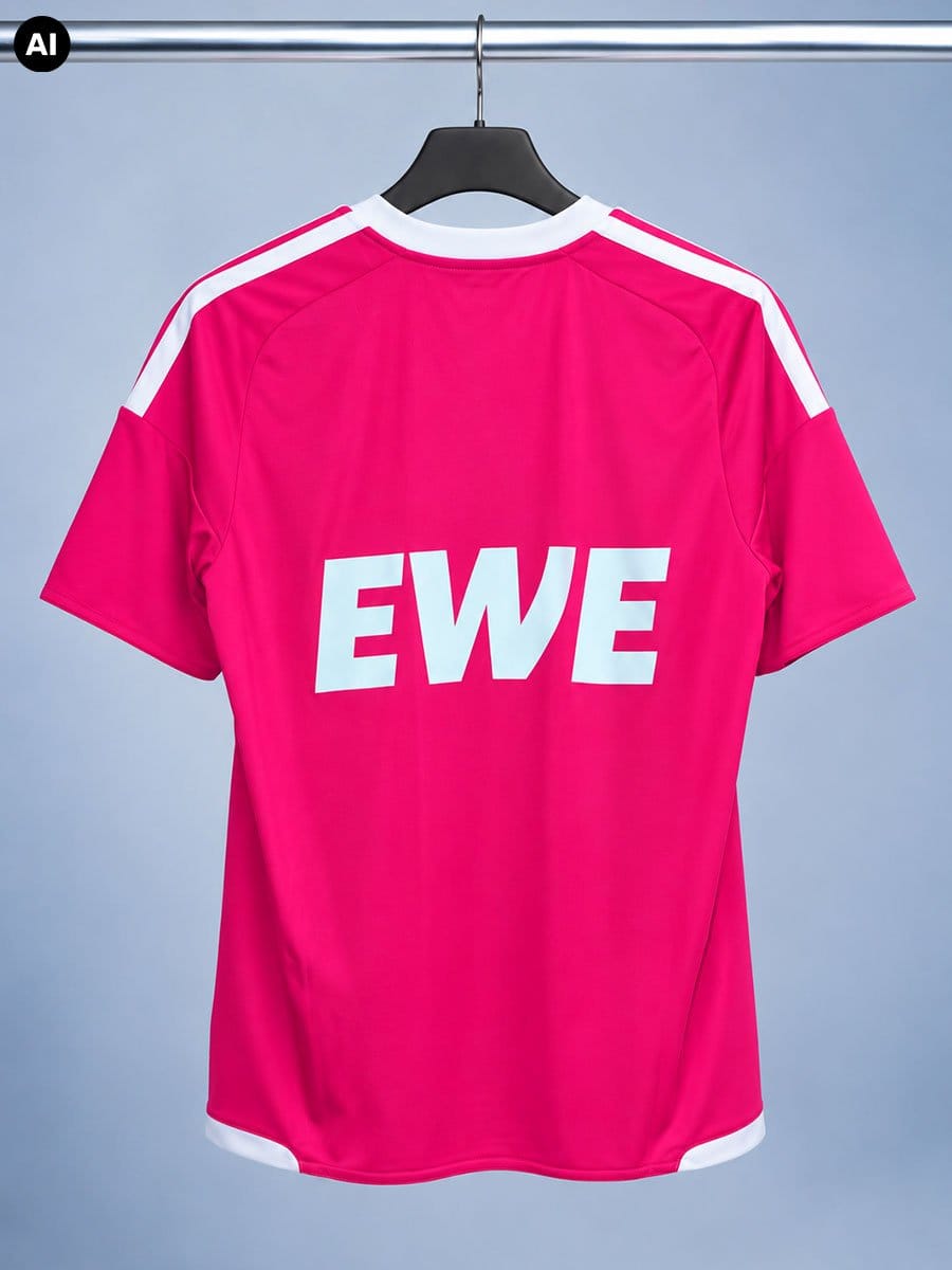 Rote Sporttrikot mit weißen Streifen an den Schultern und großen weißen Buchstaben "EWE" auf der Rückseite, hängt an einem schwarzen Kleiderbügel an einer Stange.