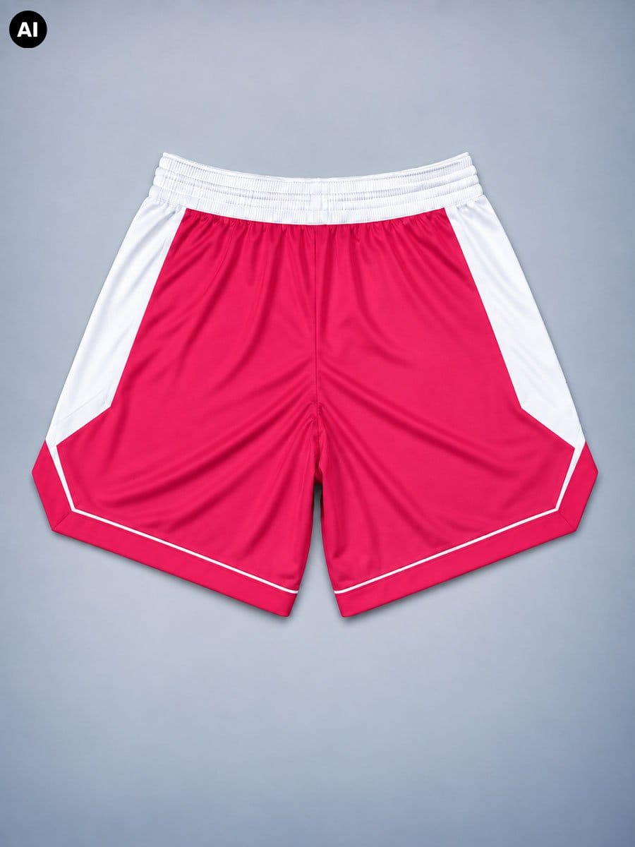 Rote Sportshorts mit weißen Seiteneinsätzen und weißen Linien am Saum, elastischer Bund, auf grauem Hintergrund.