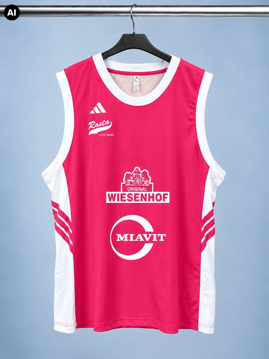 Rotes Basketballtrikot mit weißen Akzenten, Logos und Texten, hängt an einem schwarzen Haken an einer Stange vor einem blauen Hintergrund.