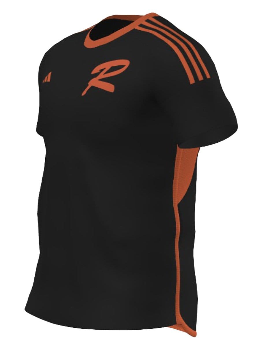 Schwarzes Sport-T-Shirt mit orangefarbenen Akzenten, Schulterstreifen und Logo auf der Brust.