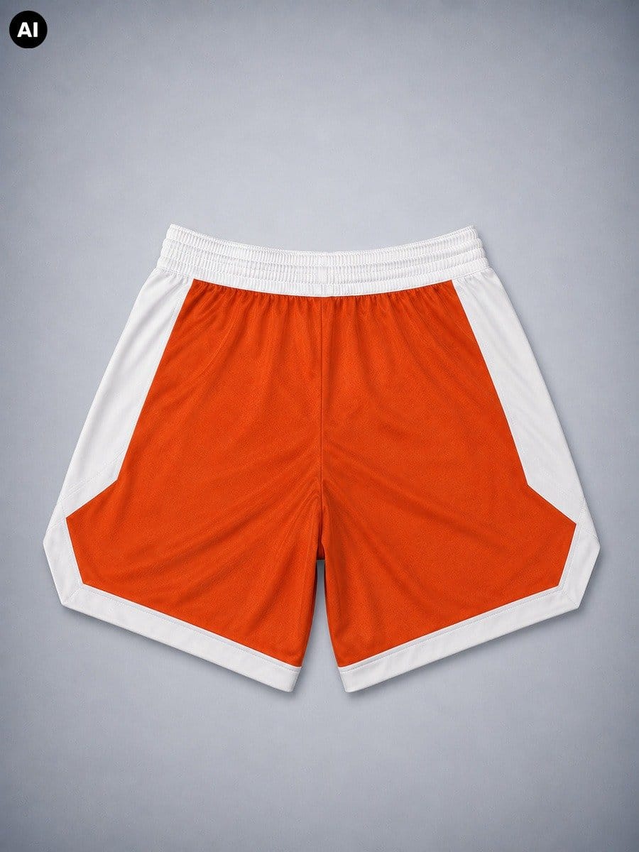 Bunte Sportshorts in Orange mit weißen Seiten- und Saumdetails, elastischer Bund, flach liegend auf grauem Hintergrund.