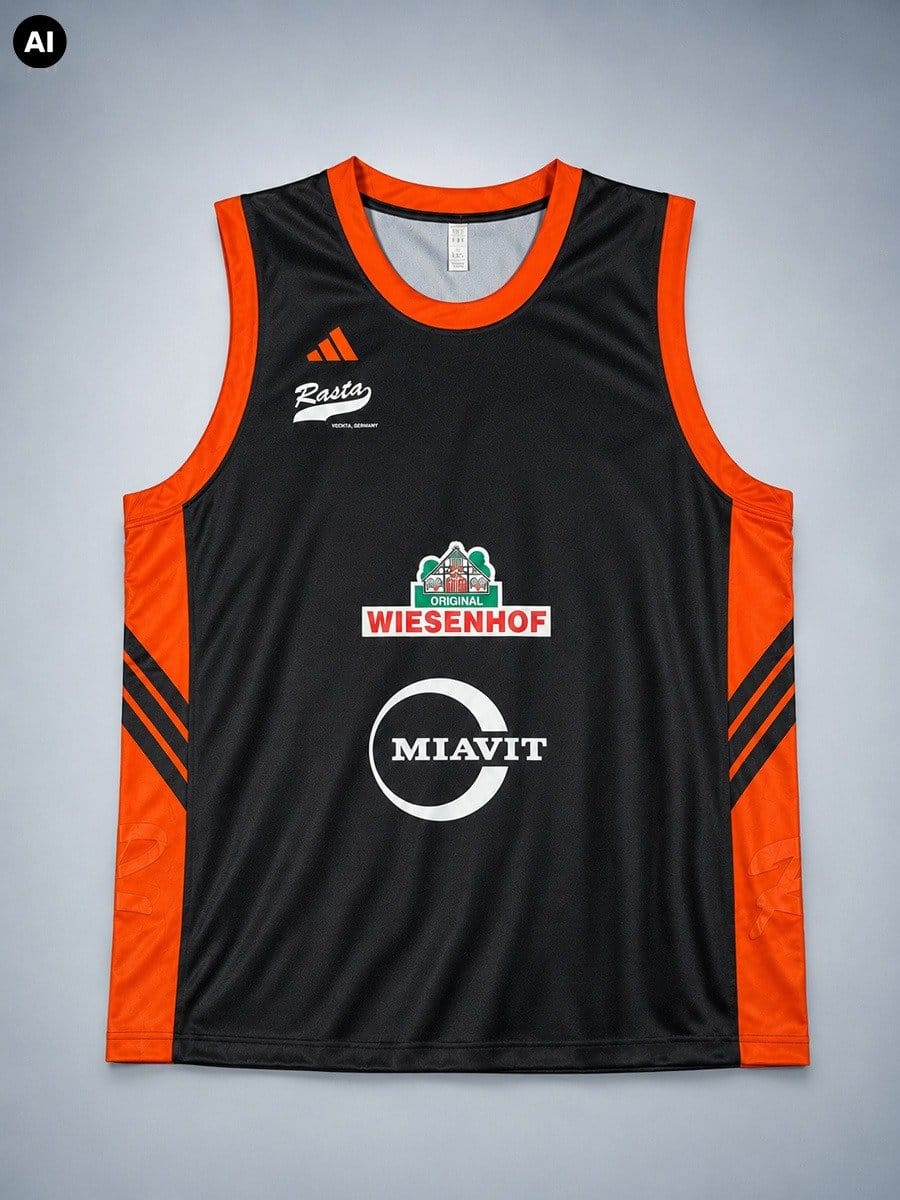 Schwarzes Basketballtrikot mit orangefarbenen Akzenten an Ärmeln, Hals und Seiten, mit Logos und Texten in Weiß, Rot und Grün.