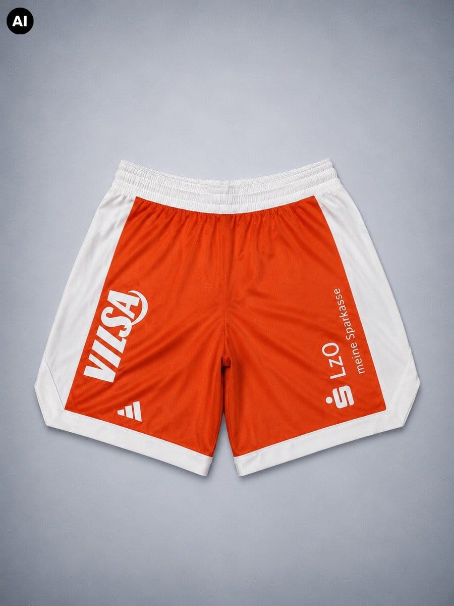 Bunte Sportshorts in Orange mit weißen Seiten und einem weißen Bund, bedruckt mit Logos und Texten in Weiß, liegen flach auf einem grauen Hintergrund.