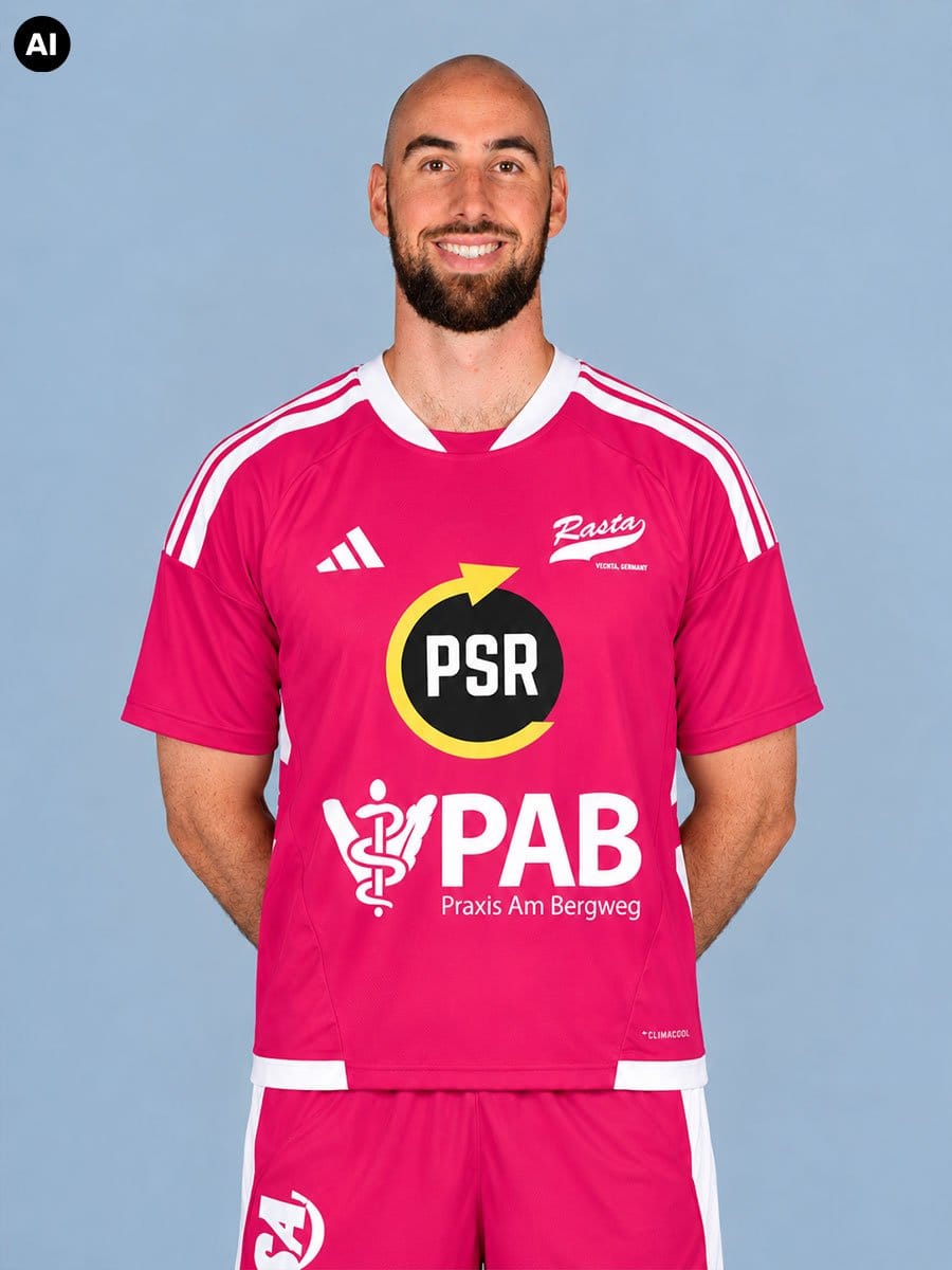 Mann in pinkem Sporttrikot und Shorts vor hellem blauen Hintergrund, lächelnd, mit Sponsorenlogos auf Trikot.