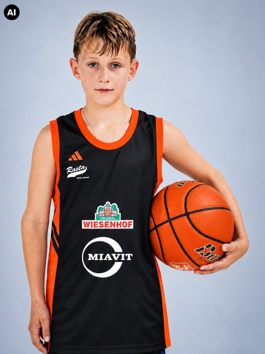 Junge Basketballspieler in schwarzem Trikot mit orangefarbenen Akzenten, hält einen Basketball vor sich, steht gegen hellgrauen Hintergrund.