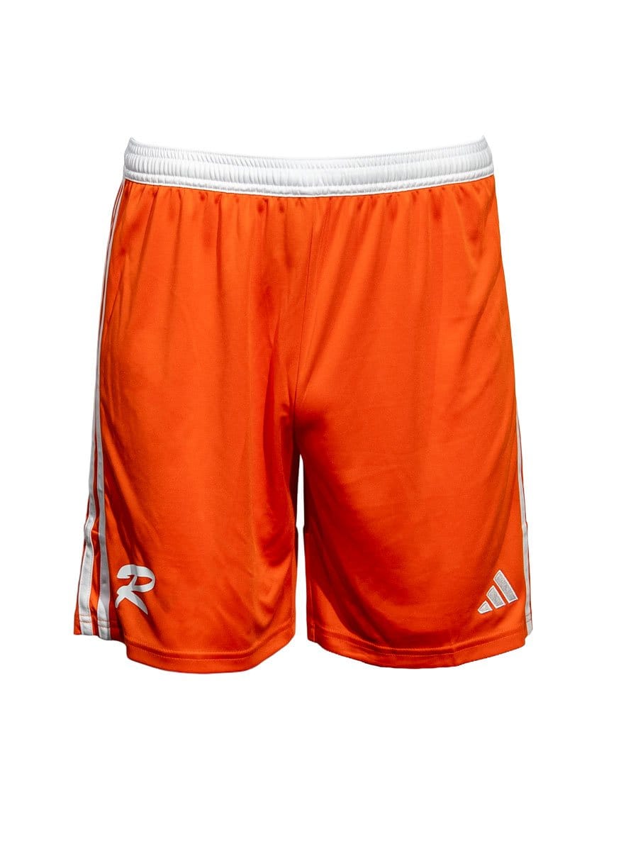 Bunte orange Sportshorts mit weißem elastischem Bund und weißen Streifen an den Seiten, Adidas-Logo auf der linken Seite, ideal für Training oder Freizeit.