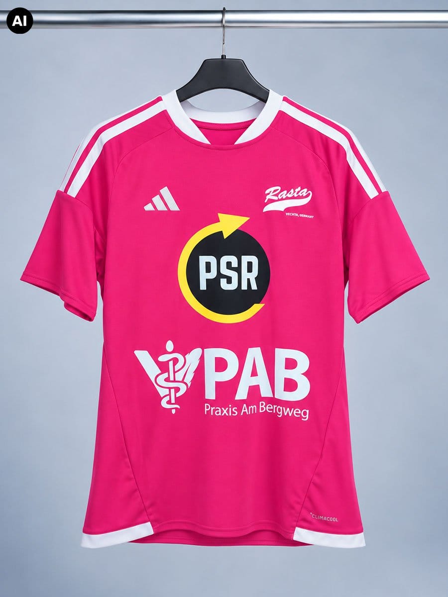 Rosa Sporttrikot mit weißen Streifen an den Schultern, Logos, Texten und einem schwarzen Kreis mit "PSR" in der Mitte, hängt an einem schwarzen Kleiderbügel auf einer Stange.