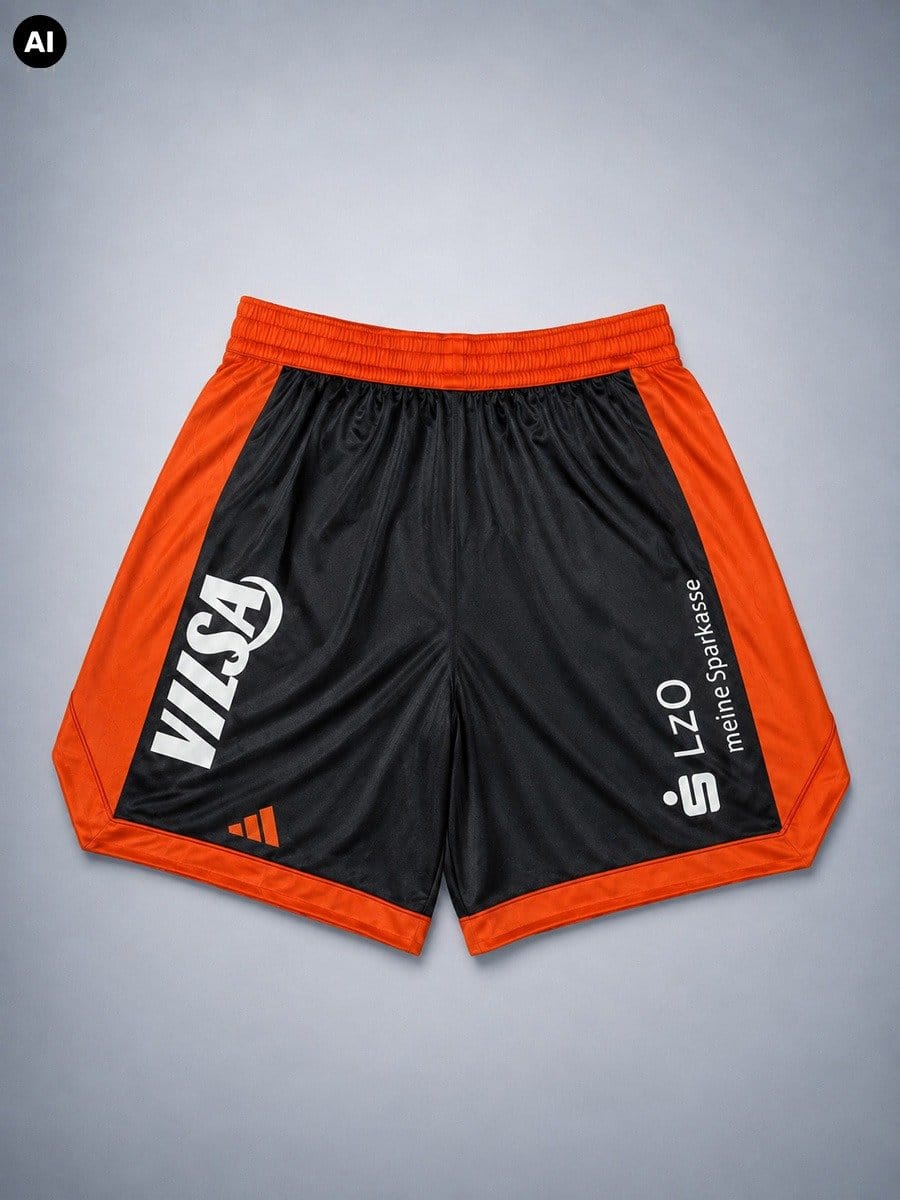 Schwarze und orange Sportshorts mit weißen Logos und Texten, elastischer Bund, auf grauem Hintergrund.