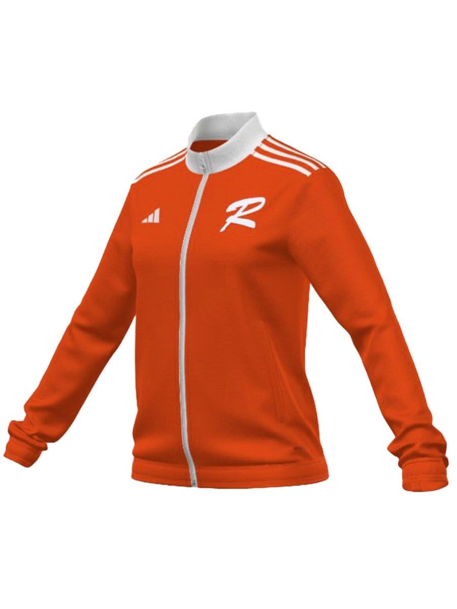 Rote Sportjacke mit weißen Streifen auf den Schultern, weißen Reißverschluss und weißen Logos auf Brust und Schulter, langärmlig, aus sportlichem Material.