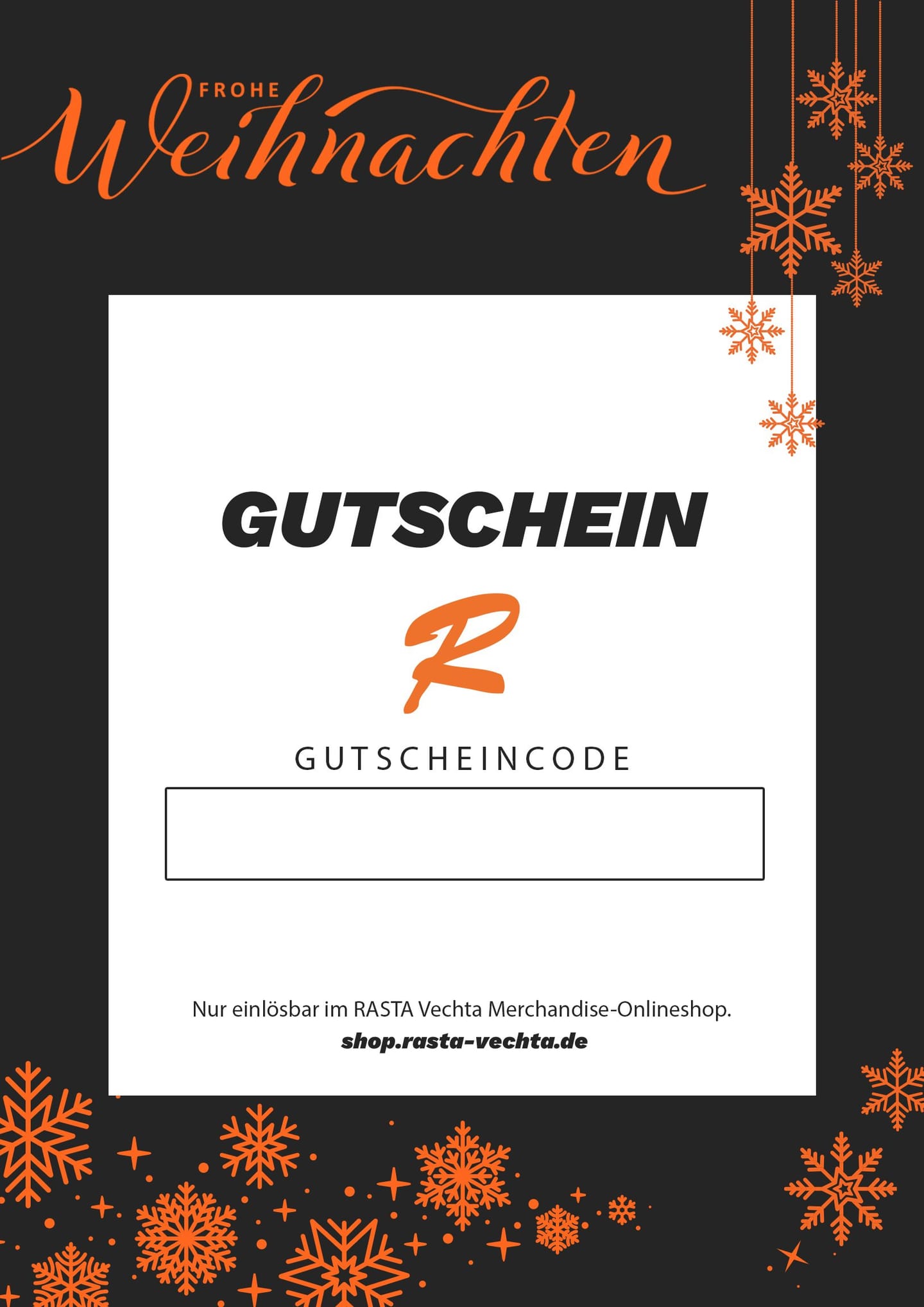 Gutscheinvorlage Frohe Weihnachten in oranger, geschwungener Schrift auf schwarzem Hintergrund mit orangen Sternen und Schneekristallen