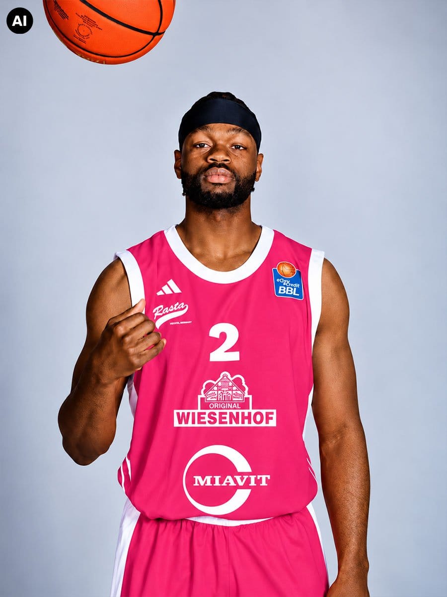 Ein Basketballspieler in pinkem Trikot mit der Nummer 2, der eine Hand zur Faust ballt, steht vor einem hellblauen Hintergrund.