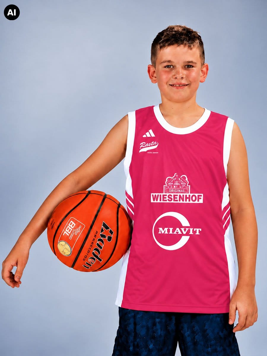 Junge Basketballspieler in pinkem Trikot mit weißen Akzenten, hält einen Basketball, steht vor hellem blauen Hintergrund, lächelt.