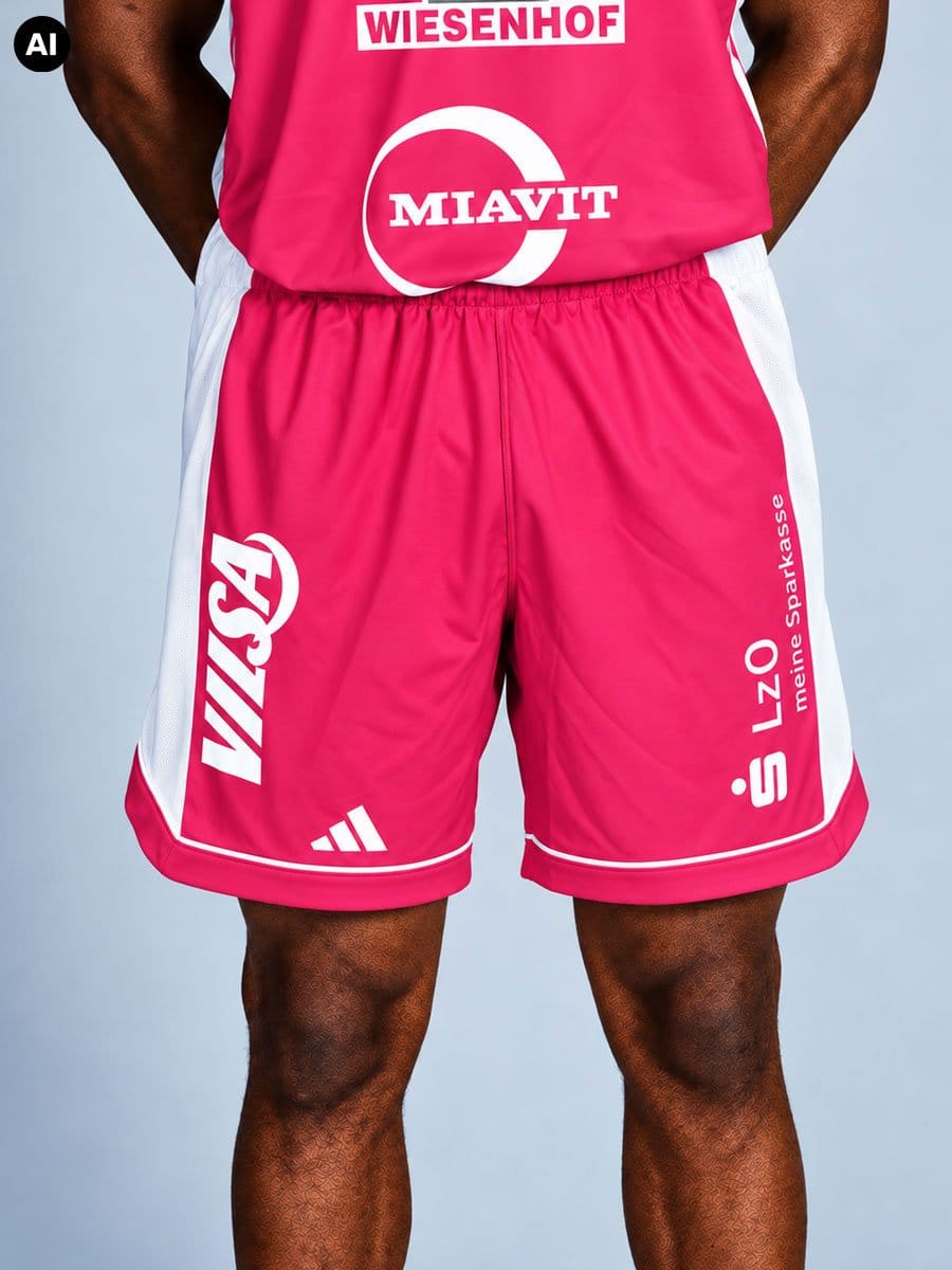 Blick auf die unteren Körperhälfte eines Mannes in pinkfarbenen Sportshorts mit weißen Seitenstreifen und Logos, dazu ein pinkes Sportshirt.