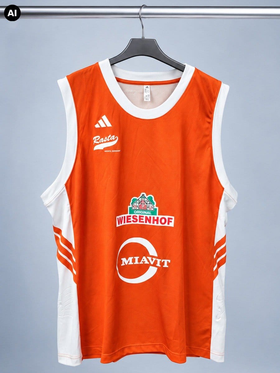 Orangenes Basketballtrikot mit weißen Akzenten, Logos und Texten, auf einem schwarzen Kleiderbügel an einer Stange vor hellem Hintergrund.
