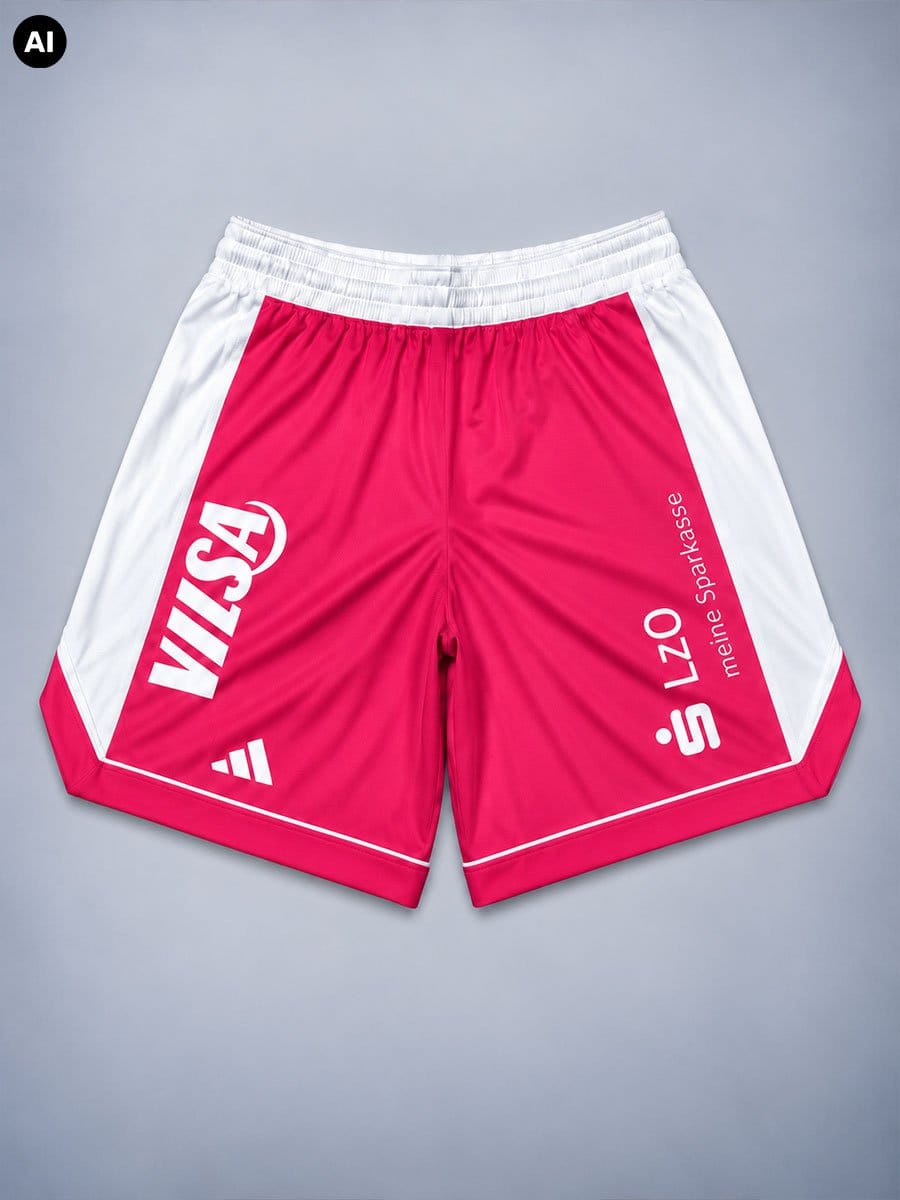 Bunte Sportshorts in Pink und Weiß mit Logos und Texten, elastischer Bund, liegend auf grauem Hintergrund.