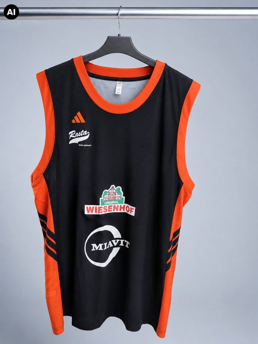 Schwarzes und orangefarbenes Basketballtrikot mit Sponsorenlogos, hängt an einem schwarzen Kleiderhaken an einer Stange vor einem grauen Hintergrund.