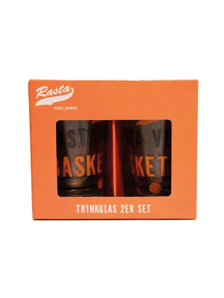 Zwei Trinkgläser in einer orangefarbenen Verpackung mit transparentem Sichtfenster, auf denen "BASKET" und ein Basketball-Symbol zu sehen sind.