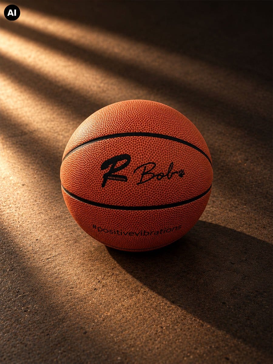 Mini Basketball in warmen Sonnenlichtstreifen auf dunklem Boden