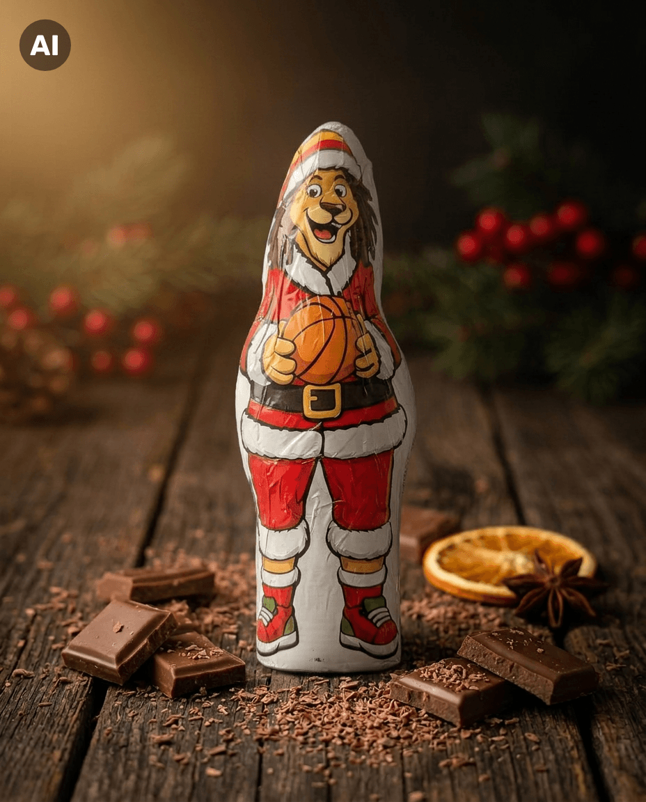 Schokoladen-Weihnachtsmann Bob mit weihnachtlicher Deko