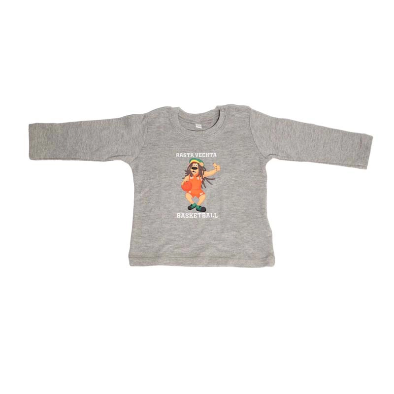 Baby Langarmshirt "Bob" in grau mit Maskottchen Bob Auf der Brust darüber Rasta Vechta darunter Basketball Schriftzug als Aufdruck in weiß. 