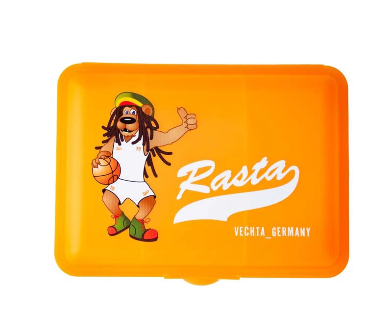 Brotdose "Bob" in orange mit Maskottchen Bob und Rasta Vechta Germany Aufdruck in weiß. 