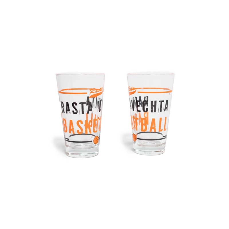 Wasserglas "RASTA" 2er Set mit Rasta Vechta Schriftzug  in schwarz Basketball in orange orangem Strich und Rasta sowie schwarzen Strich unten mit Basketball als Bild.