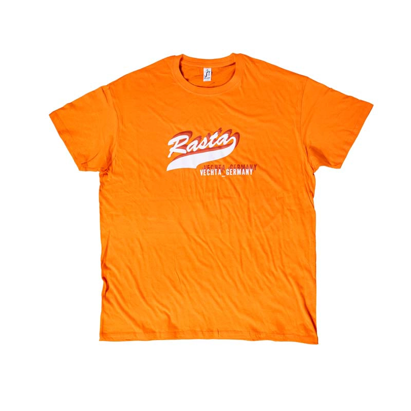 Oranges T-Shirt mit weißem Rasta Logo und darunter weißem Schriftzug Vechta Germany.